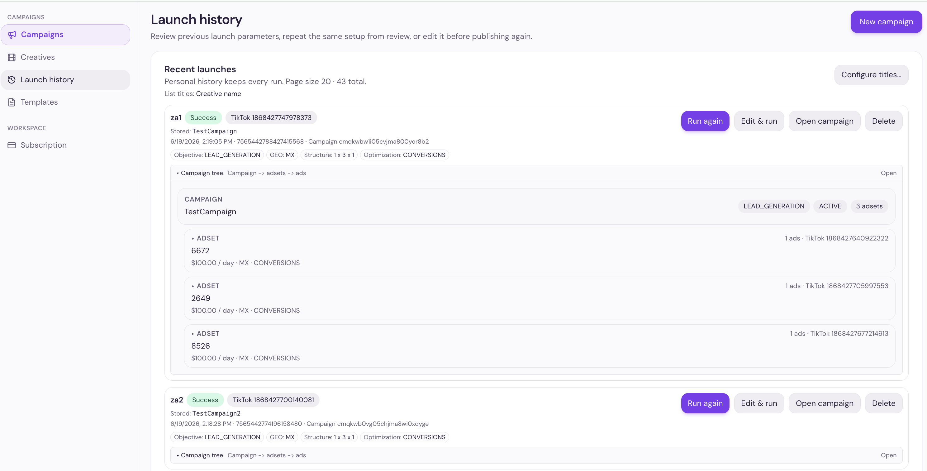 Launch history — Success + Run again